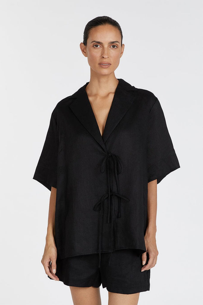 EMELIA BLACK LINEN WRAP SHIRT Dissh