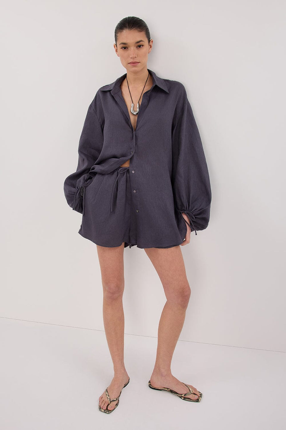 CARLA WASHED INDIGO LONG SLEEVE LINEN SHIRT Clothing DISSH Boutiques