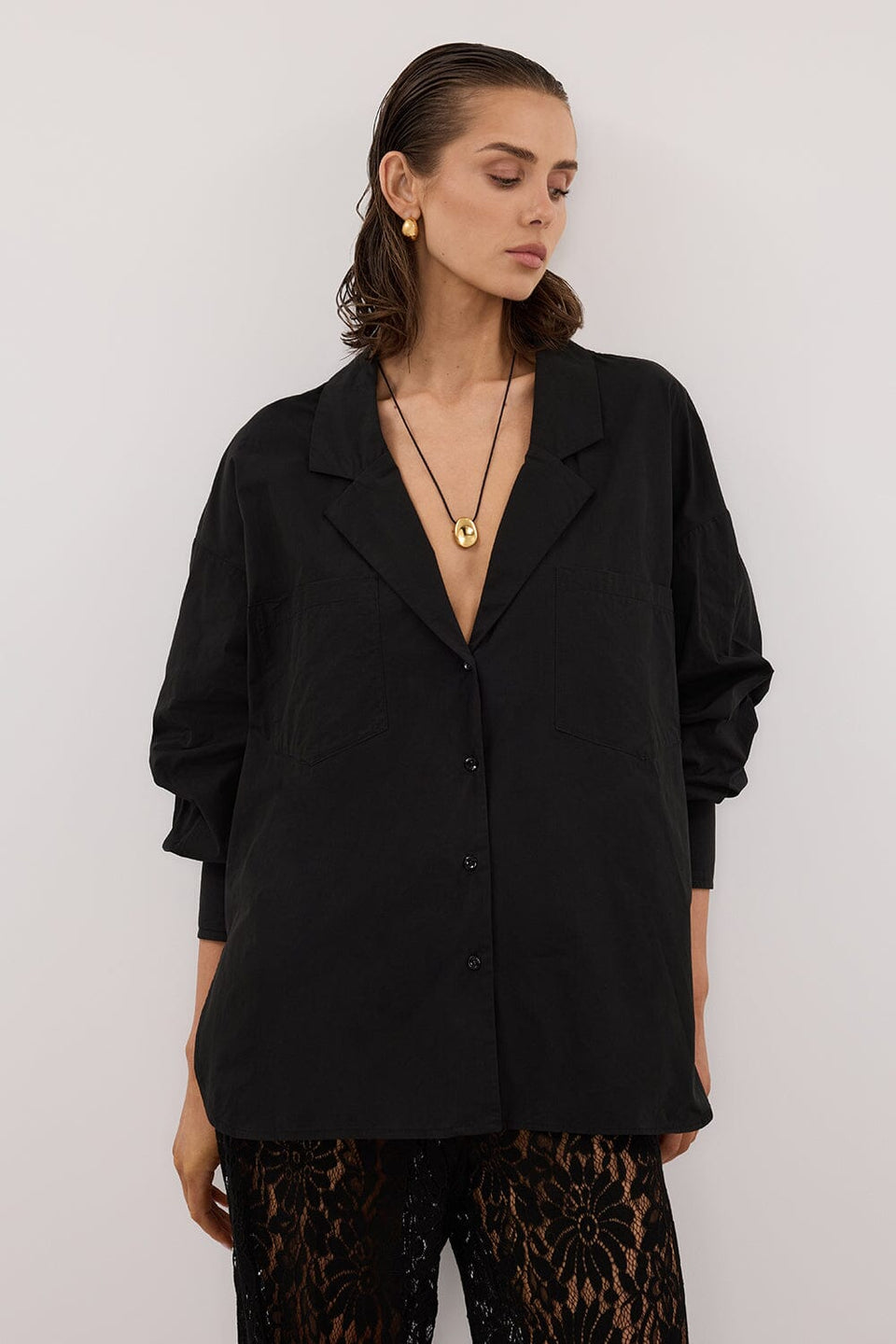IRENE BLACK LONG SLEEVE NOTCH COLLAR SHIRT Clothing DISSH Boutiques