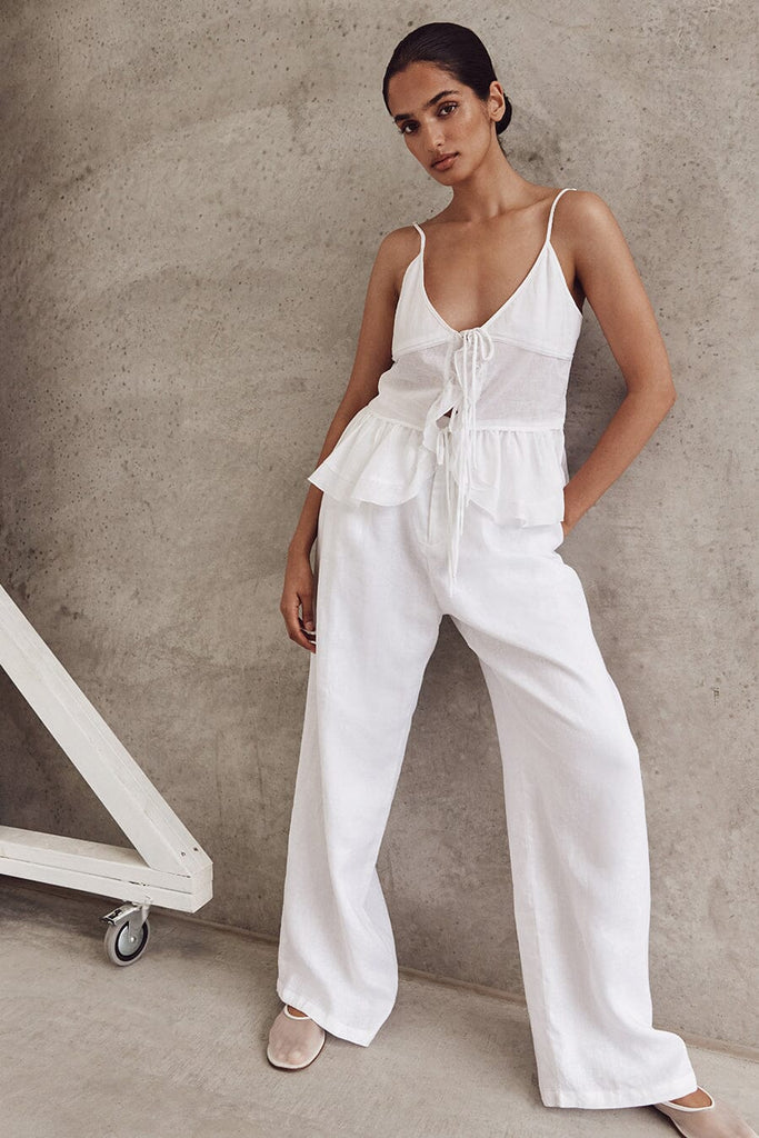 MIMI WHITE LINEN TIE FRONT TOP Dissh