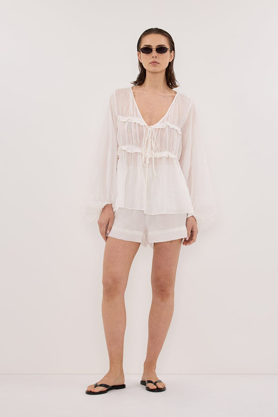 MILA WHITE RAMIE LONG SLEEVE FRILL TOP Clothing DISSH Boutiques