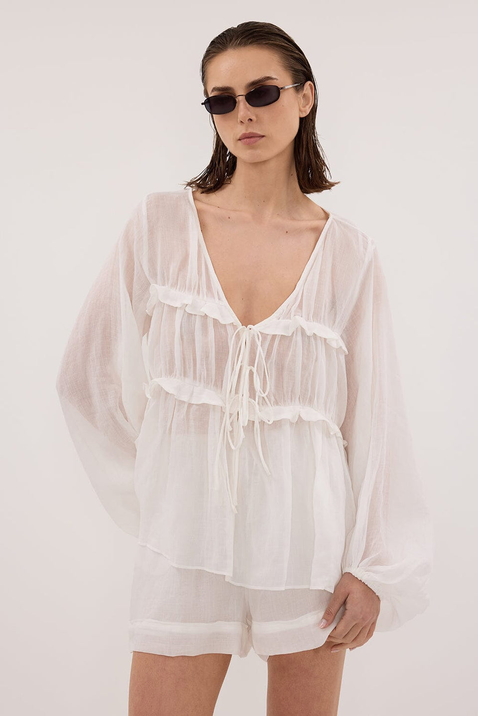 MILA WHITE RAMIE LONG SLEEVE FRILL TOP Clothing DISSH Boutiques
