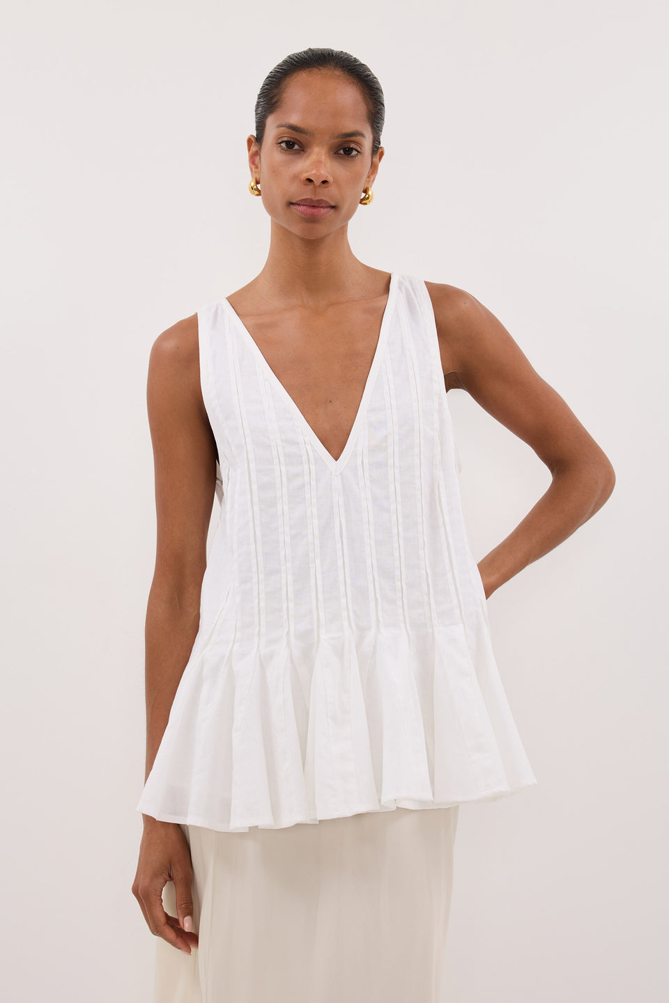 PIXIE WHITE LINEN GODET TOP