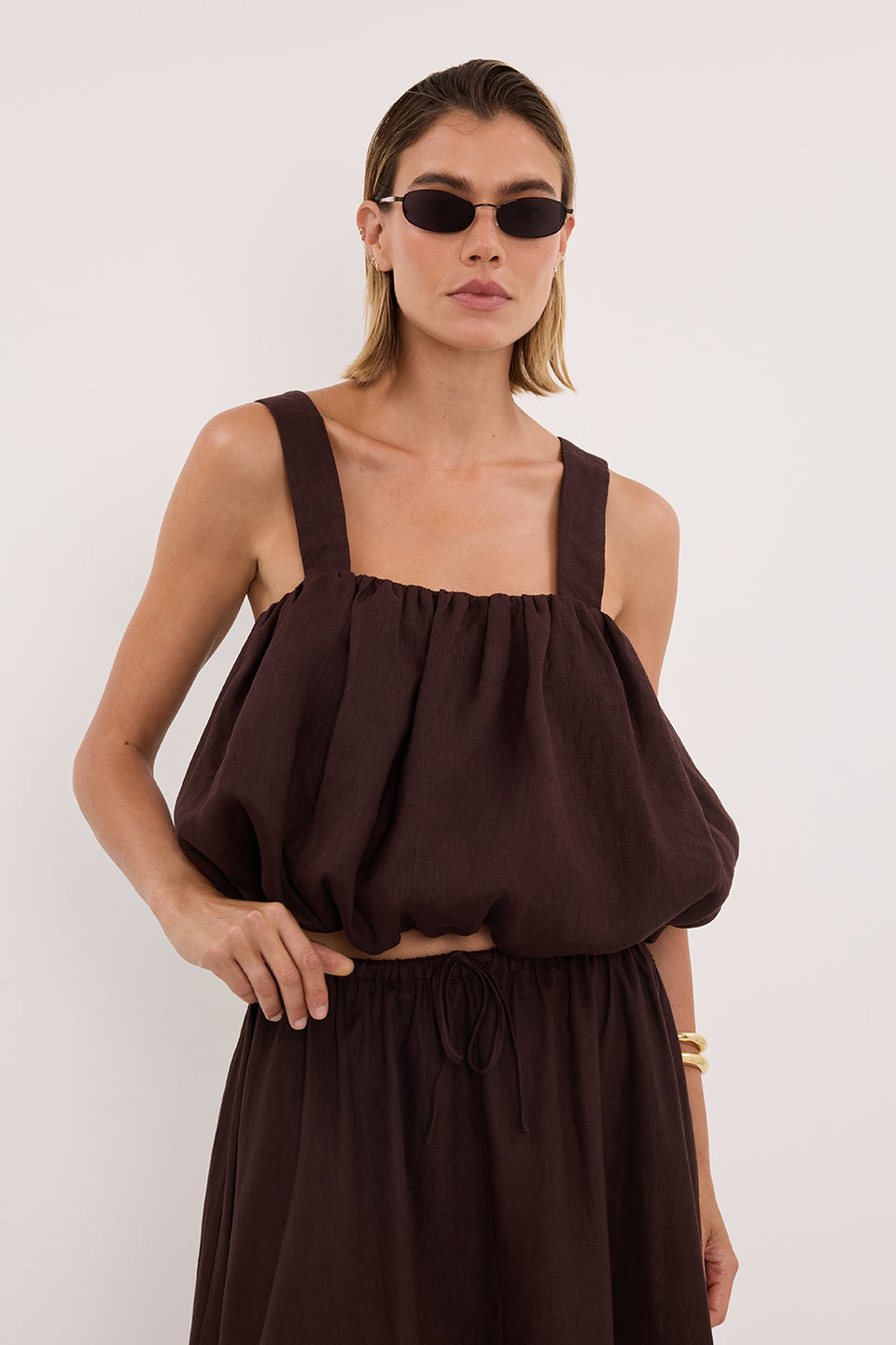 RAVELLO BURNT CHOC LINEN BUBBLE TOP - PRE ORDER Clothing DISSH Boutiques