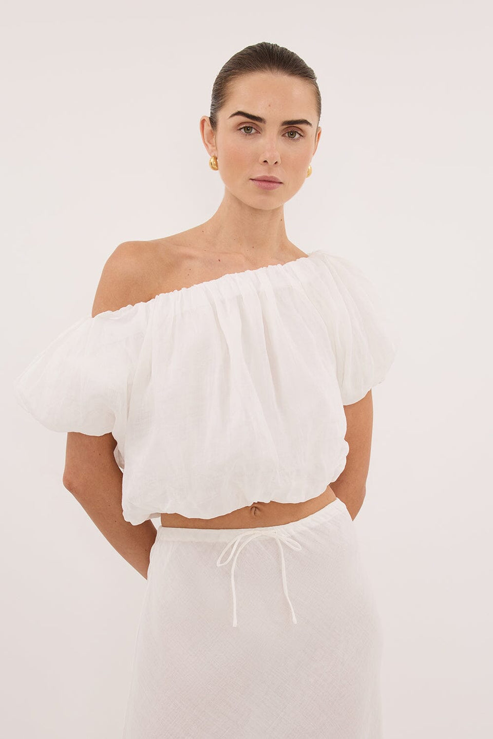 ARLO WHITE RAMIE OFF SHOULDER BUBBLE TOP Clothing DISSH Boutiques