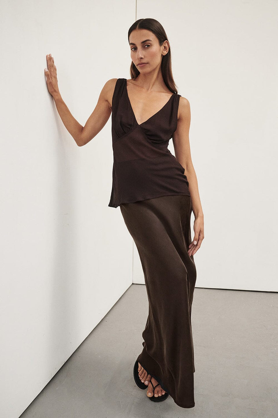 CHARLI BITTER CHOC SATIN MAXI SKIRT Clothing DISSH Boutiques