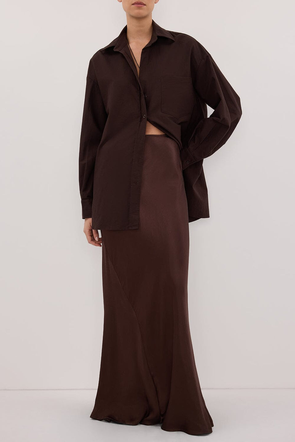 CHARLI BITTER CHOC SATIN MAXI SKIRT Clothing DISSH Boutiques