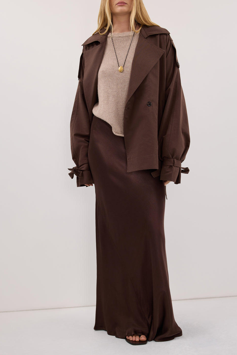 CHARLI BITTER CHOC SATIN MAXI SKIRT