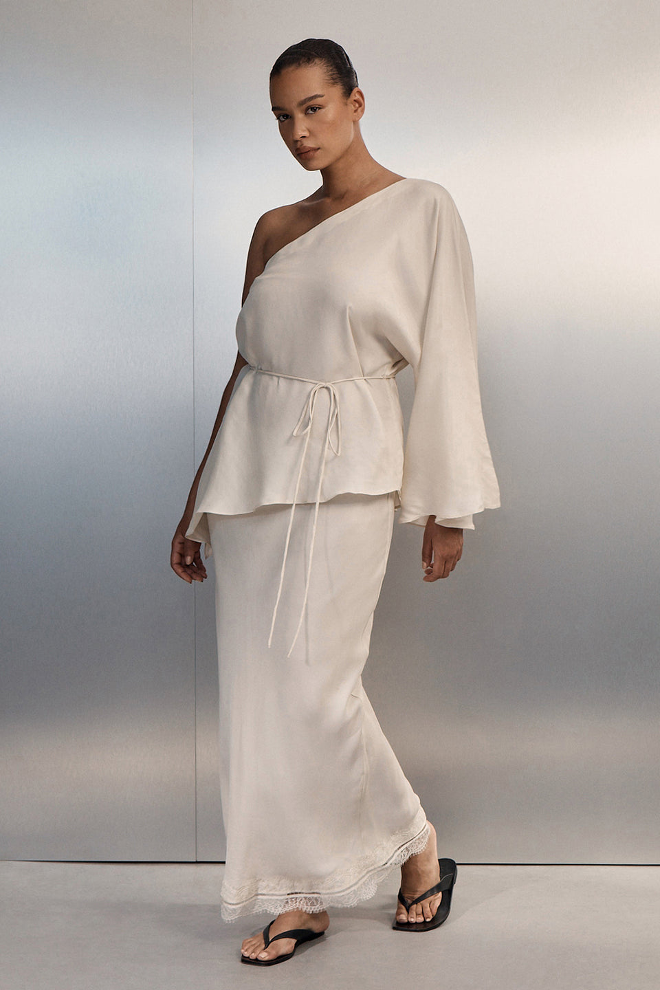 ANDREA SANDSTONE CUPRO LACE MIDI SKIRT