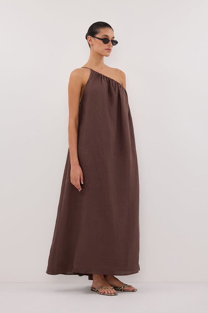 ALMA BIT CHOC ASYM LINEN MIDI DRESS