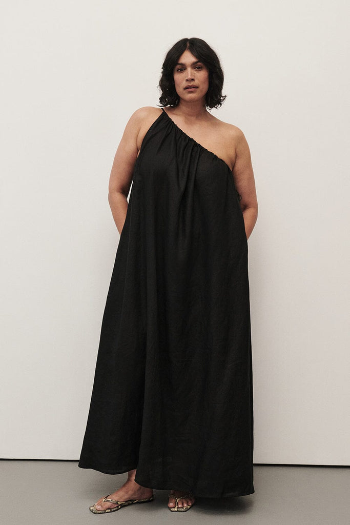 Cass Black Asym Linen Midi Dress