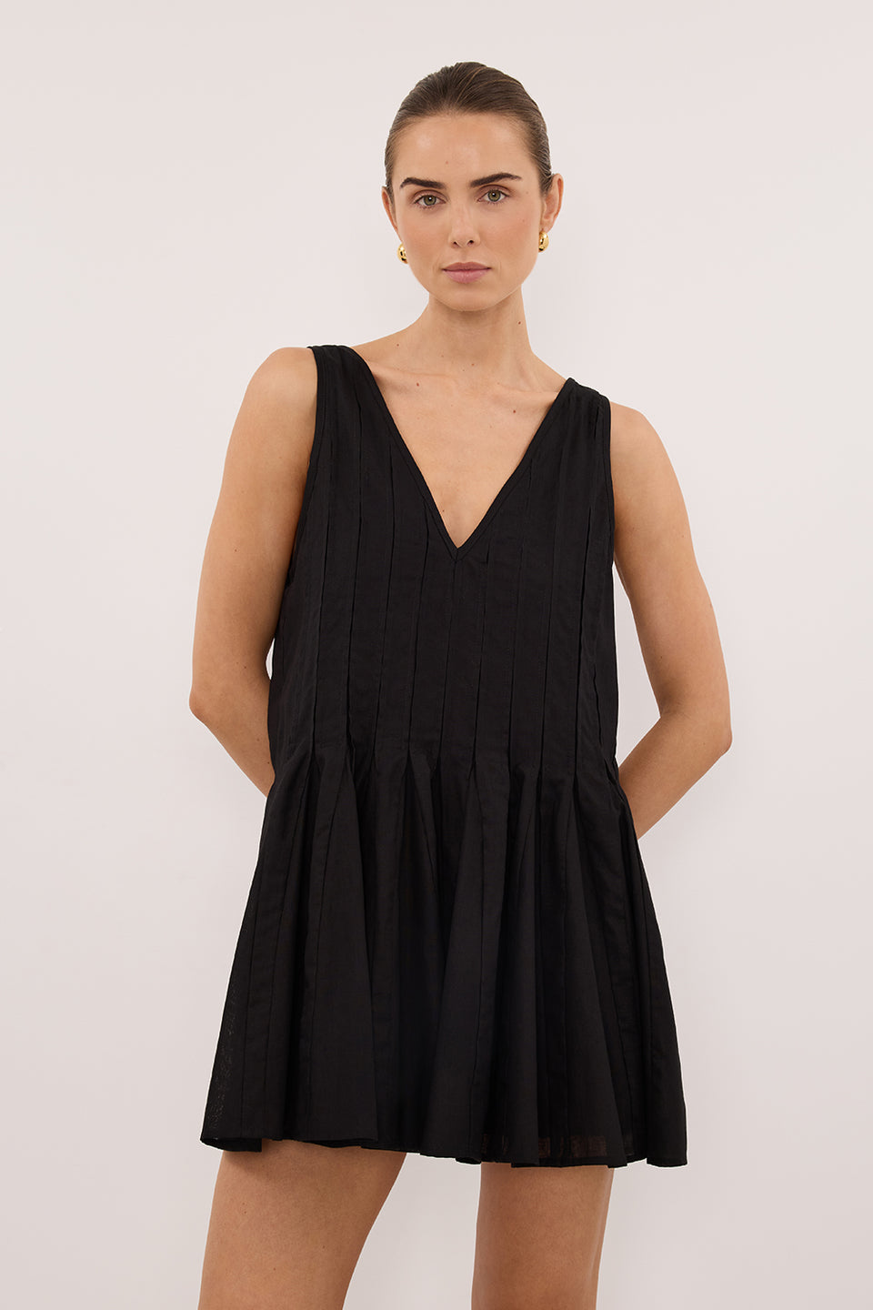 PIXIE BLACK LINEN MINI GODET DRESS