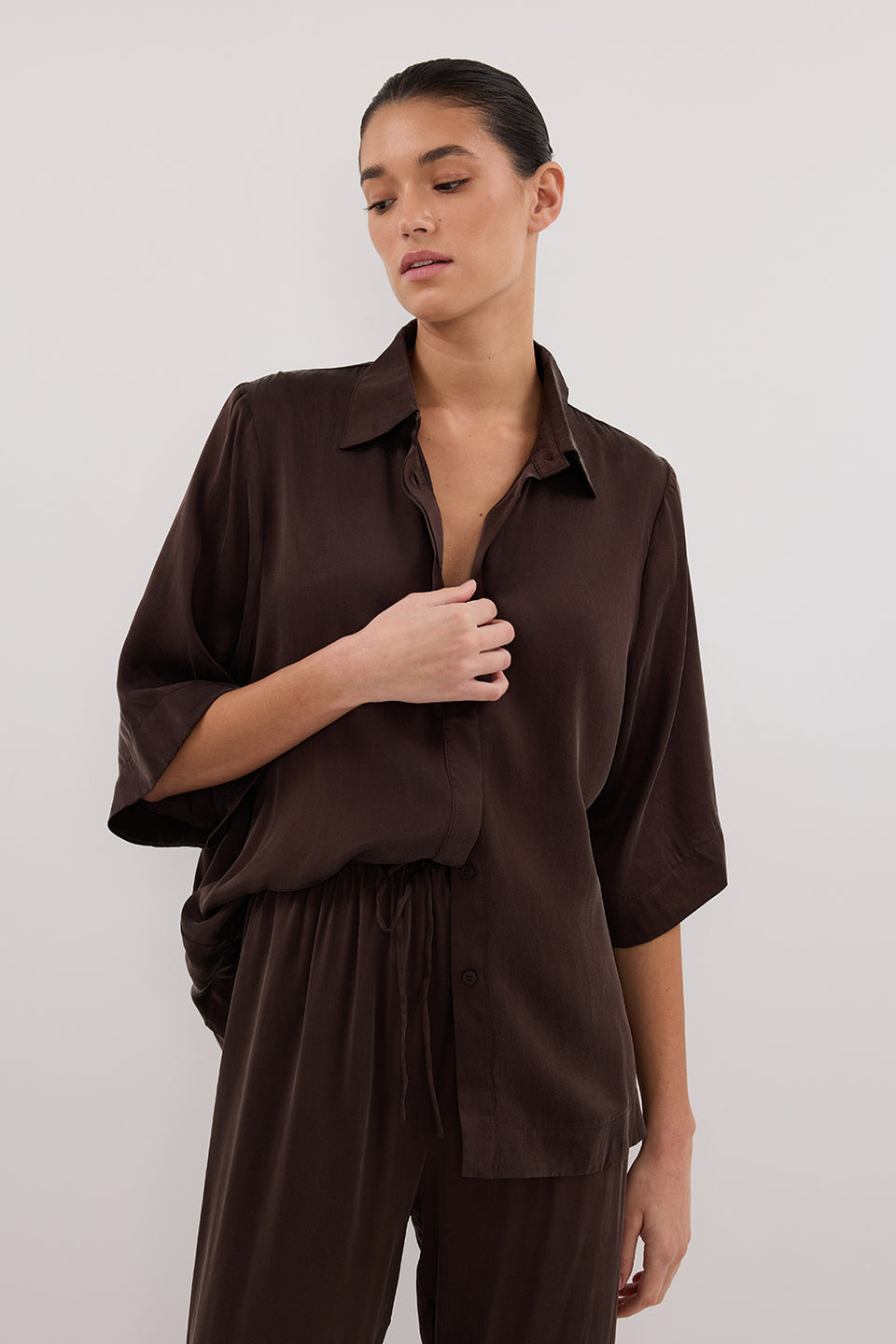 PERCY BITTER CHOC SILK SHIRT Clothing DISSH Boutiques