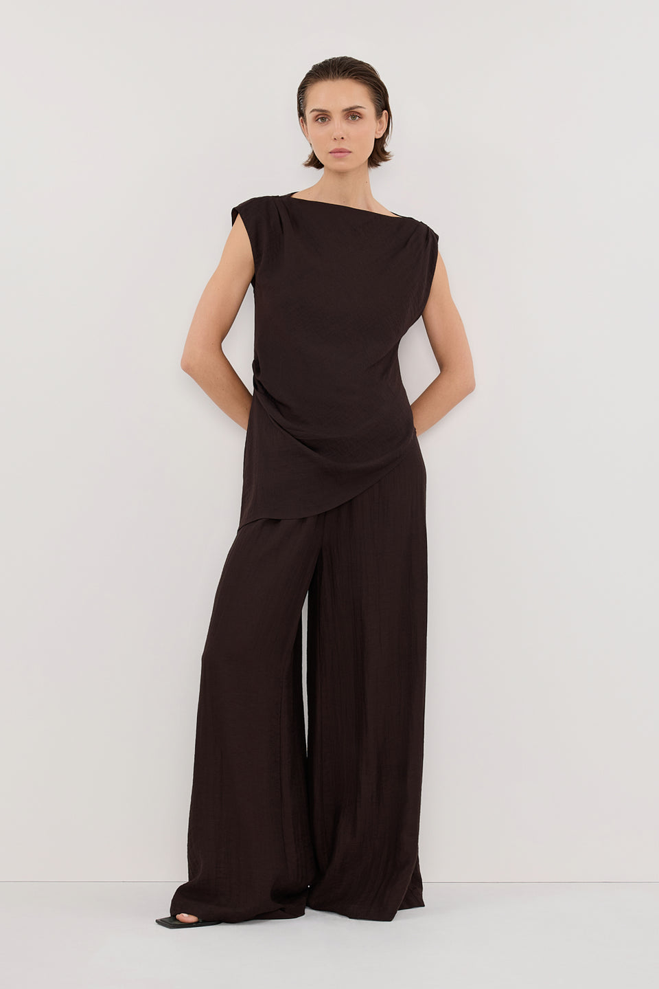 SHYLA BITTER CHOC ASYMMETRICAL TOP Clothing DISSH Boutiques