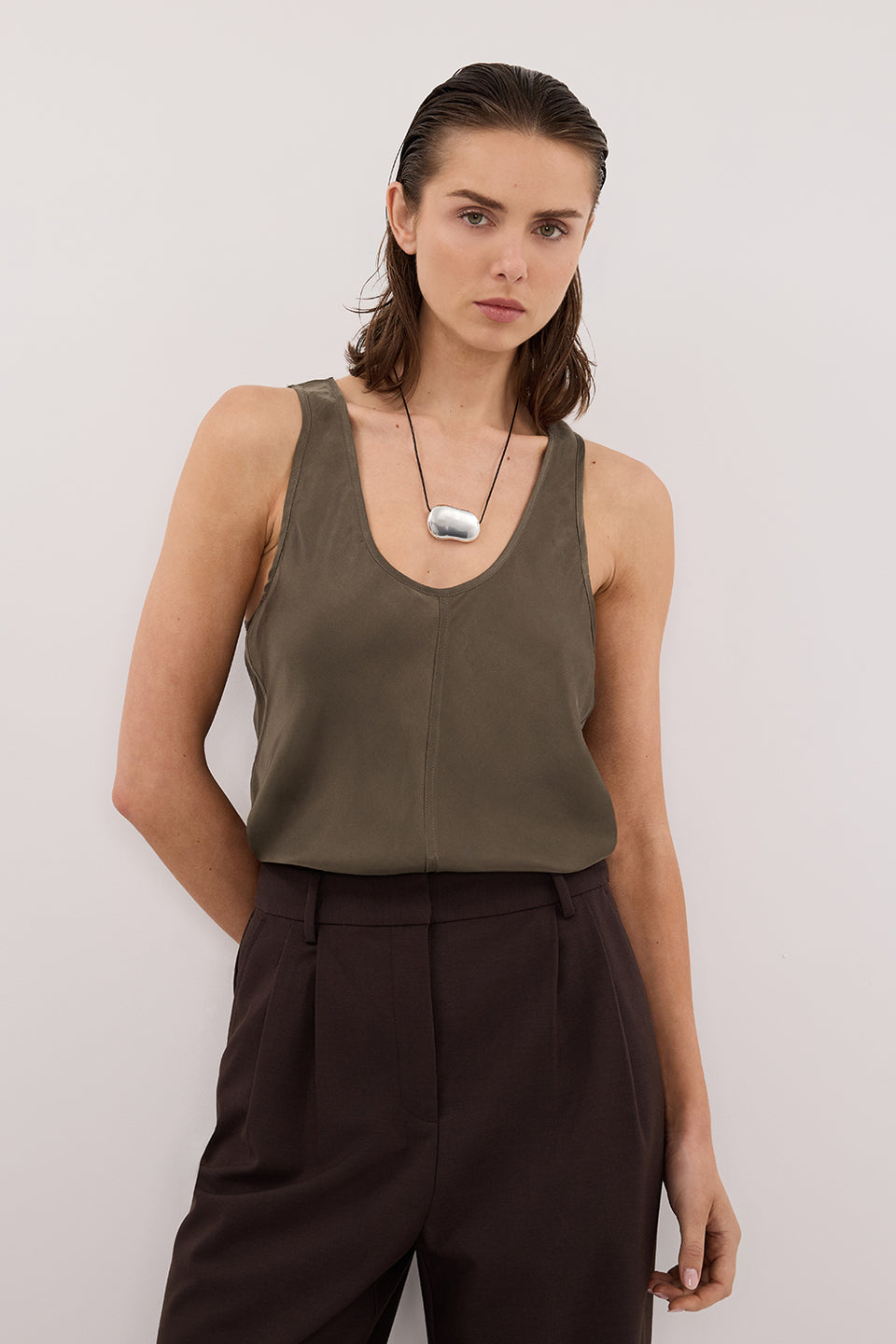 COLETTE OLIVE SILK CAMI TOP Clothing DISSH Boutiques