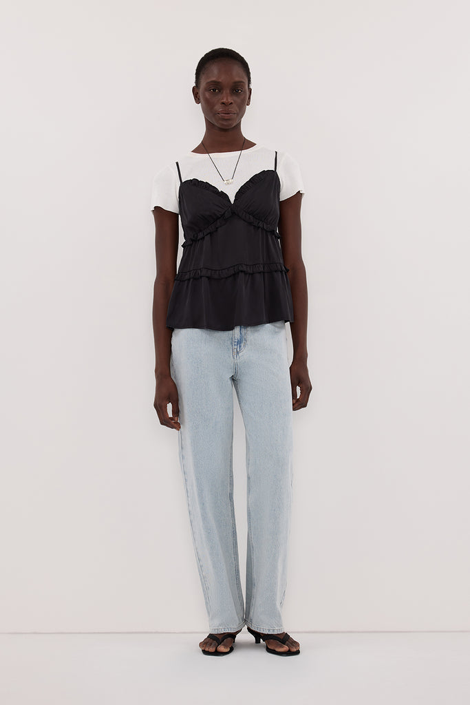 LENA BLACK SILK FRILL TOP | Dissh