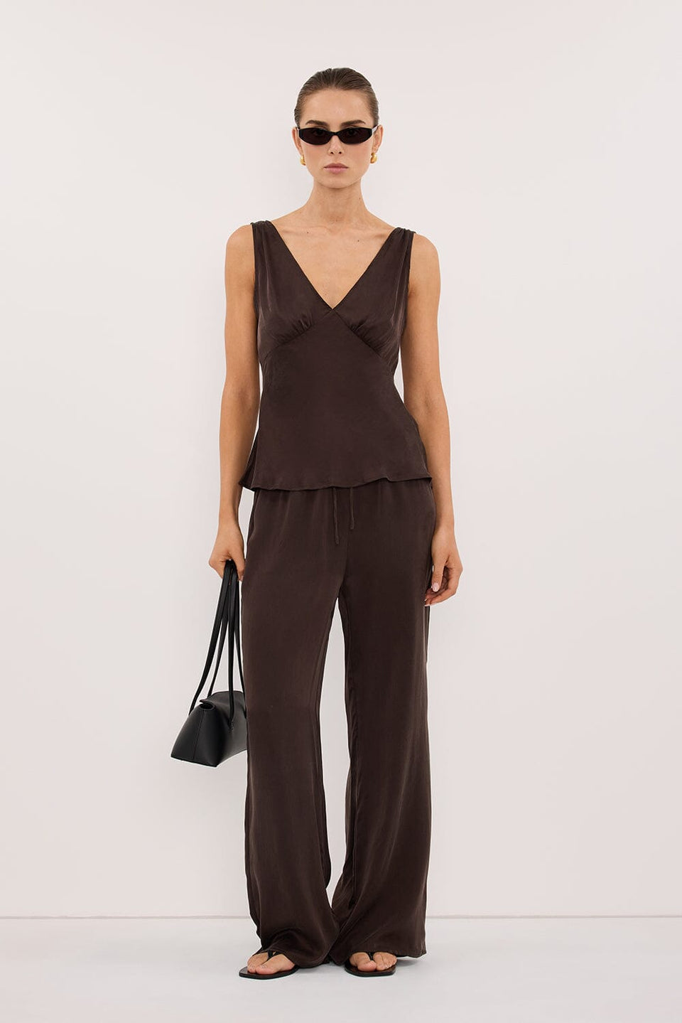 JORJA BITTER CHOC SLEEVELESS SILK TOP