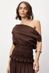 MAIA COCOA SLEEVELESS LINEN SHIRRED TOP