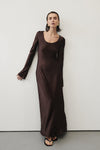 ELOISE BITTER CHOC LONG SLEEVE SATIN MIDI DRESS