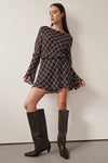 ARLINGTON CHOC LONG SLEEVE BOAT NECK MINI DRESS