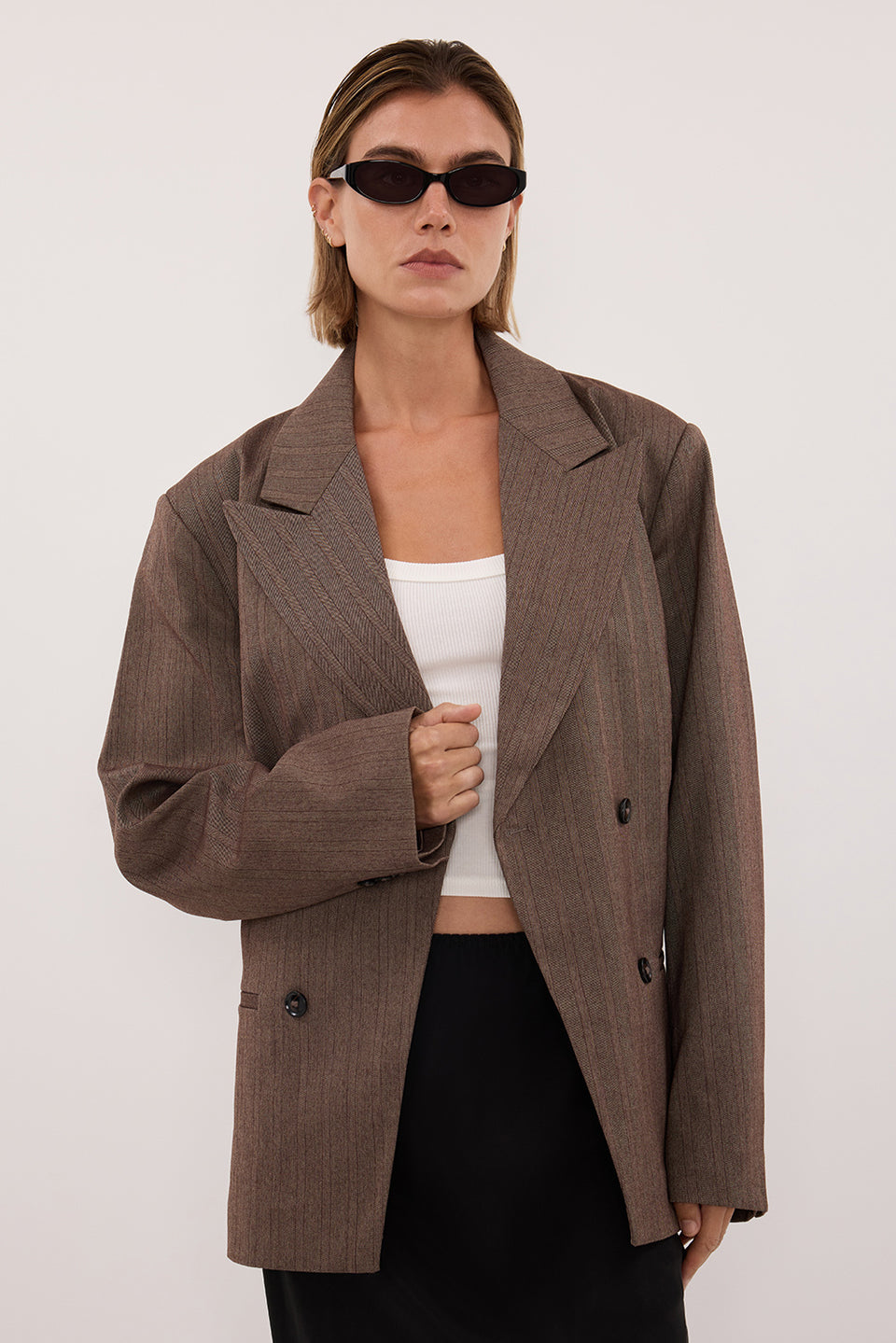 HAILEY CHOC STRIPE TIE BLAZER Clothing DISSH Boutiques