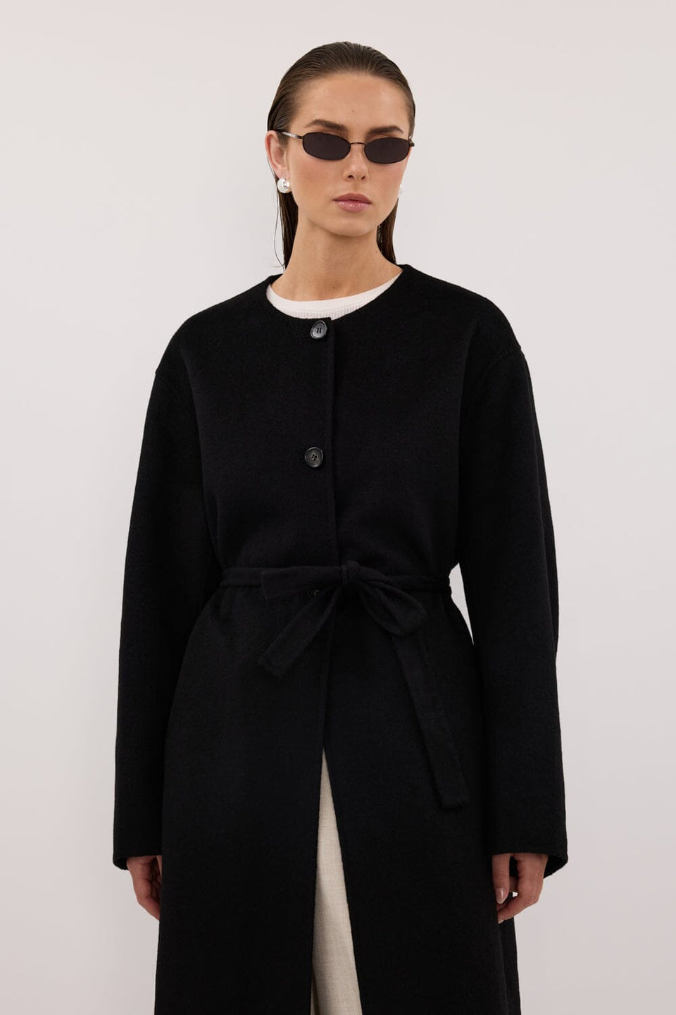 GRETA BLACK COLLARLESS WOOL BLEND COAT