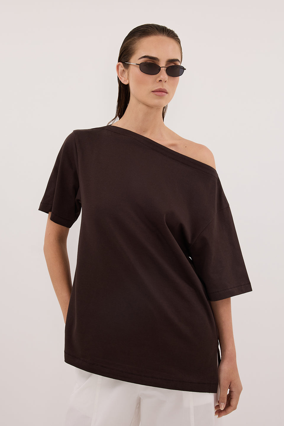 ESME BITTER CHOC ASYM BOAT NECK TEE Clothing DISSH Boutiques