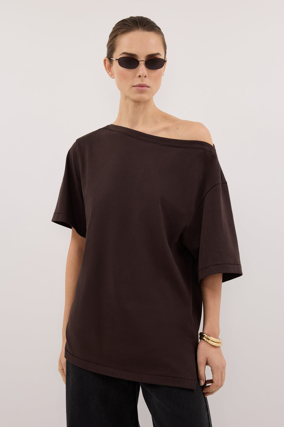 ESME BITTER CHOC ASYM BOAT NECK TEE
