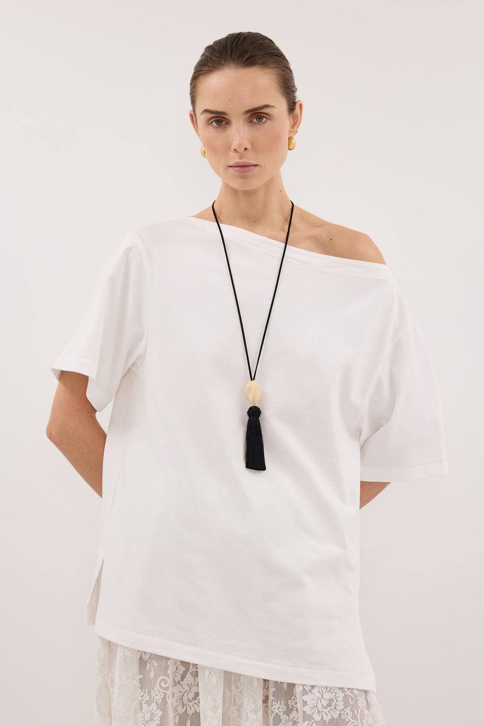 ESME WHITE ASYM BOAT NECK TEE