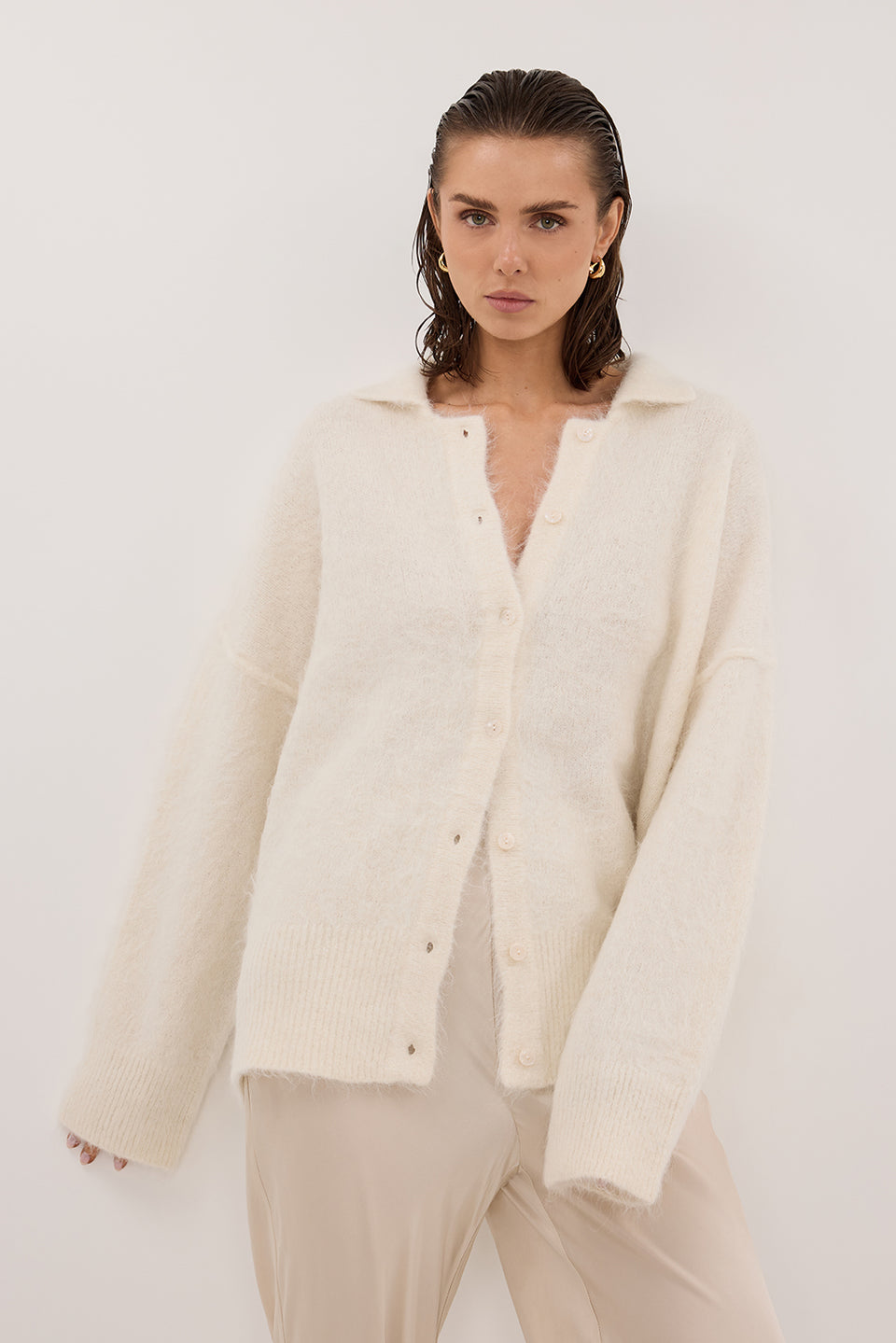 SALMA IVORY POLO NECK KNIT CARDIGAN Clothing DISSH Boutiques