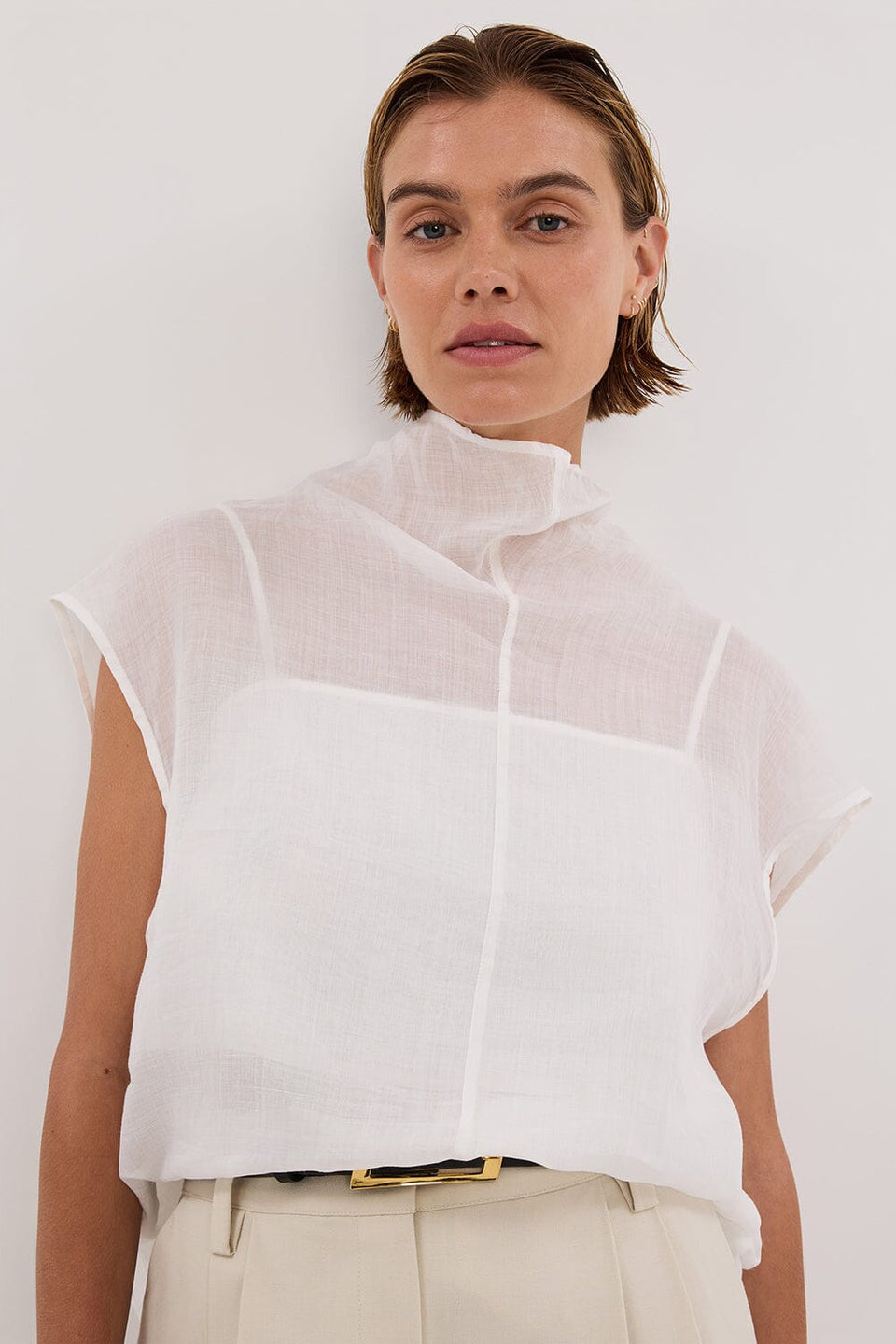 CARMEL WHITE RAMIE FUNNEL NECK TOP Clothing DISSH Boutiques 6 WHITE
