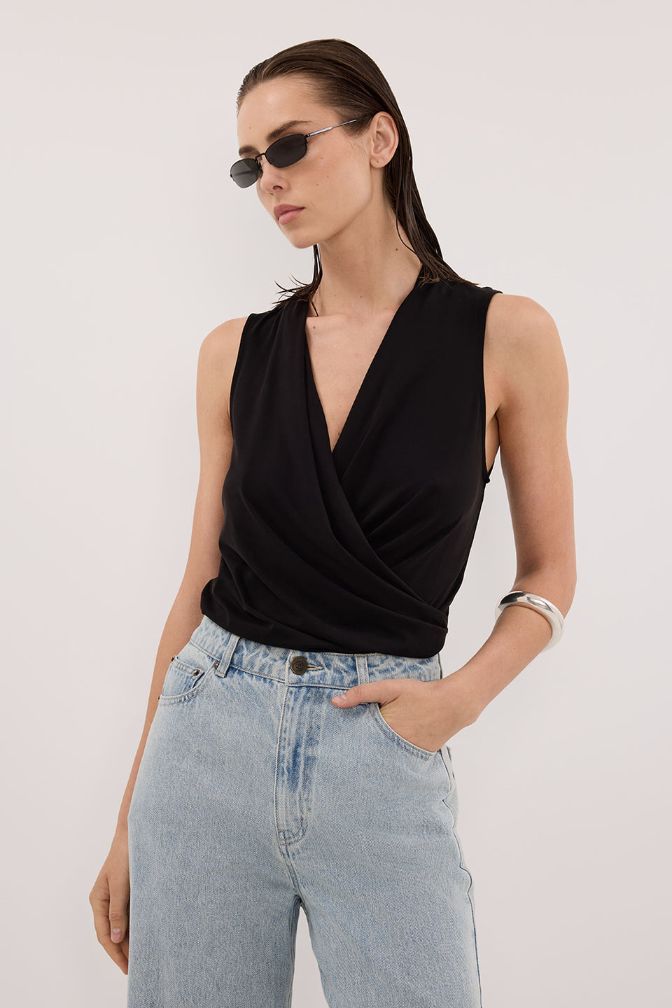 FELICITY BLACK SLEEVELESS WRAP TOP Clothing DISSH Boutiques