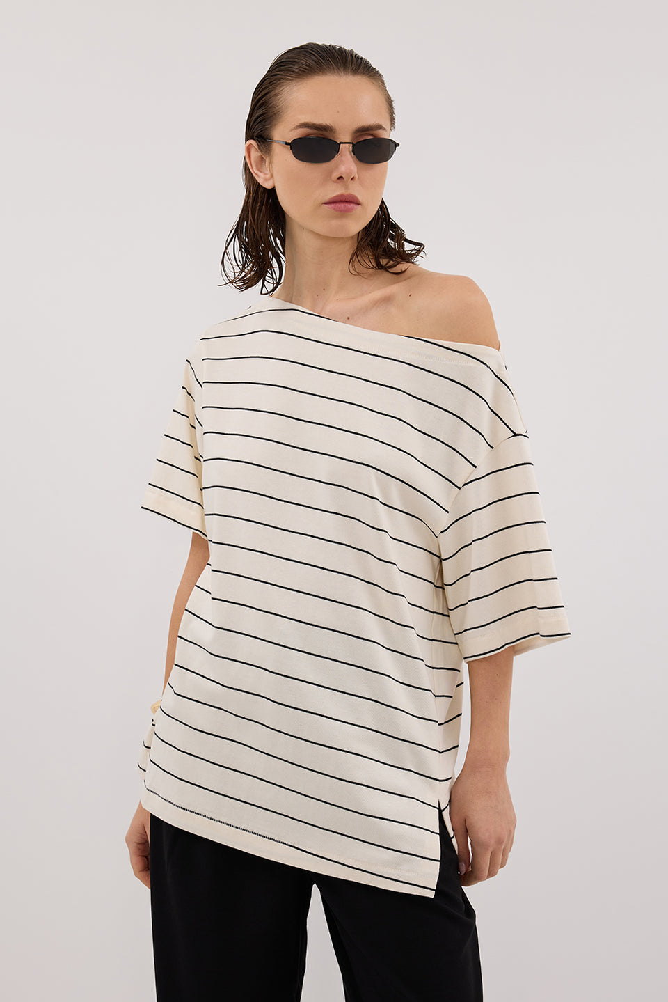 ESME OFF WHITE STRIPE ASYM TEE Clothing DISSH Boutiques