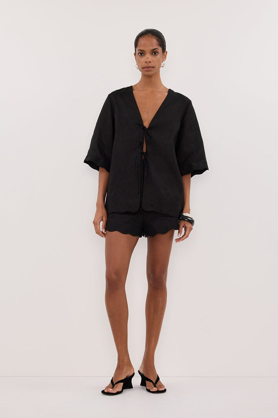 LELA BLACK SHORT SLEEVE LINEN SHIRT Clothing DISSH Boutiques 4 BLACK