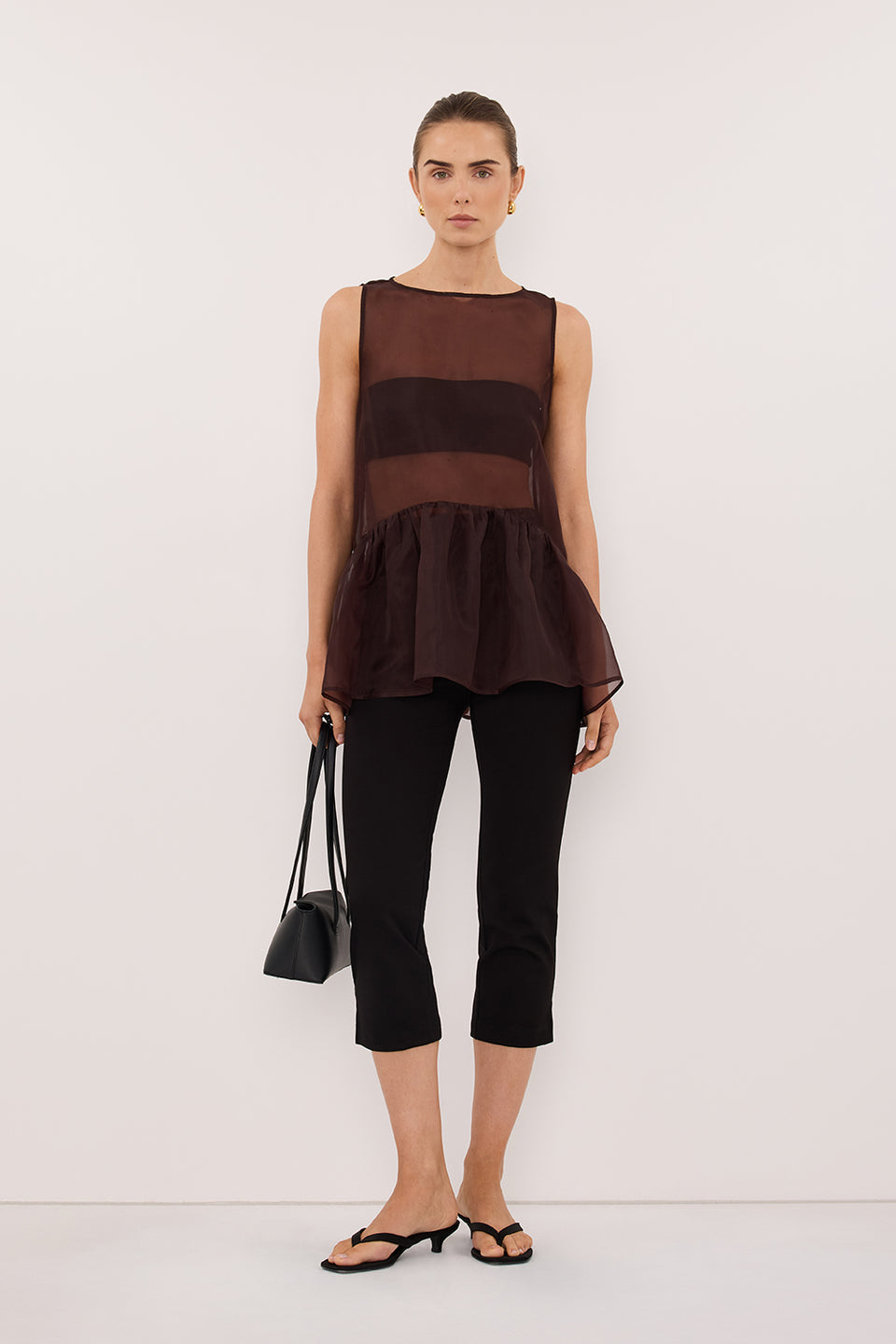 SIAN DARK CHOC SILK ORGANZA DROP WAIST TOP