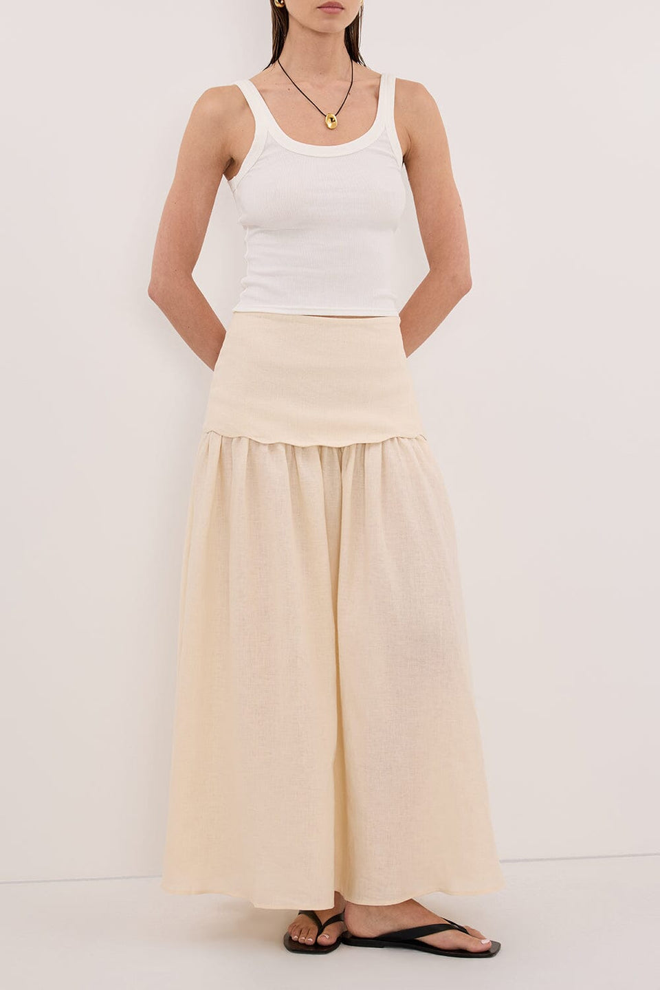 LELA SANDSTONE LINEN MIDI SKIRT Clothing DISSH Boutiques