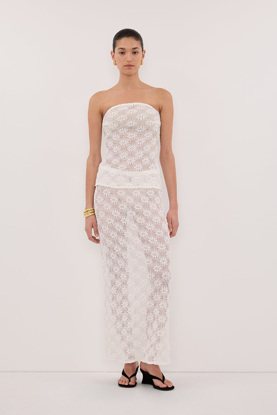 AGNES WHITE CROCHET COLUMN MIDI SKIRT Clothing DISSH Boutiques XS WHITE