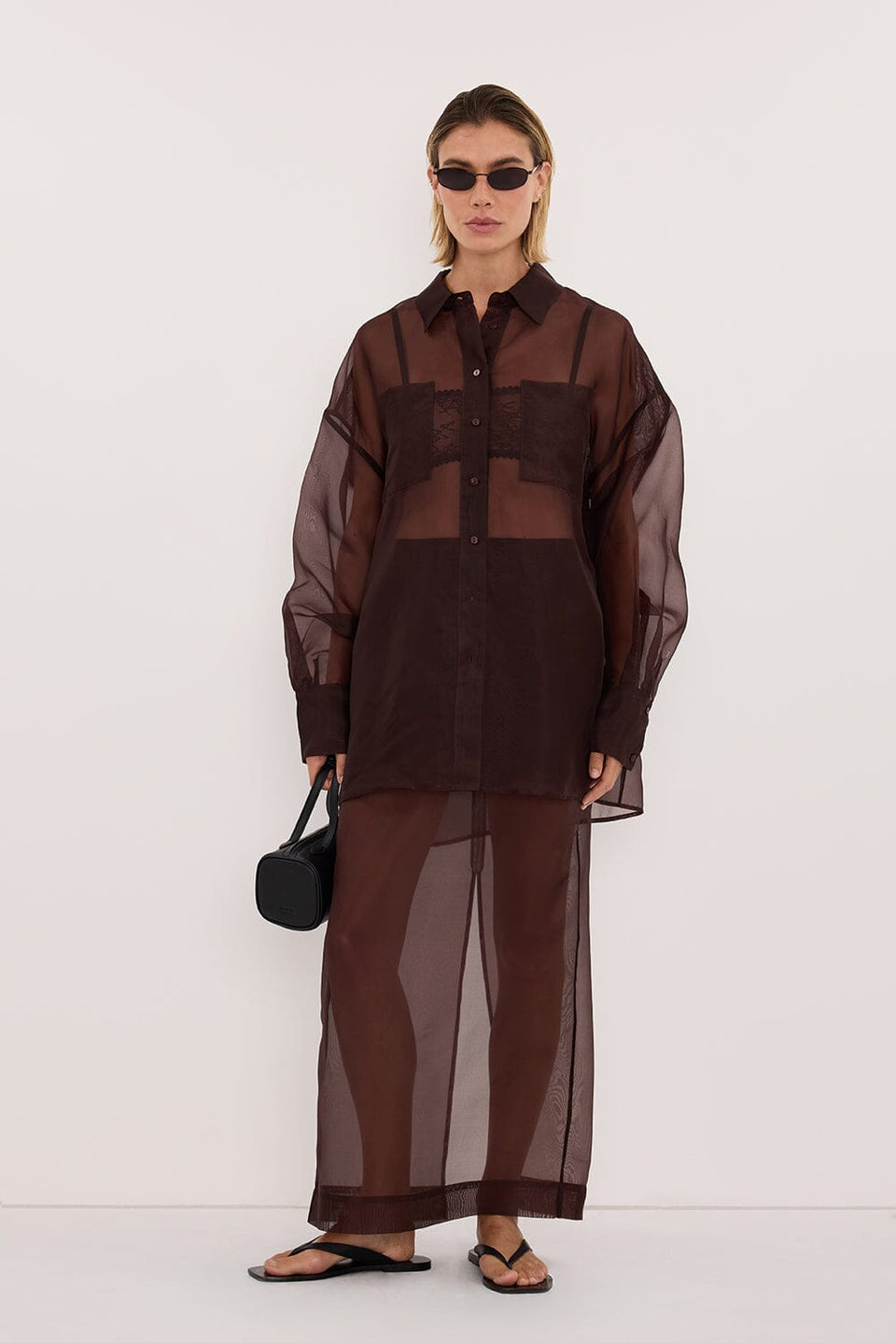 SIAN DARK CHOC SILK ORGANZA MIDI SKIRT Clothing DISSH Boutiques