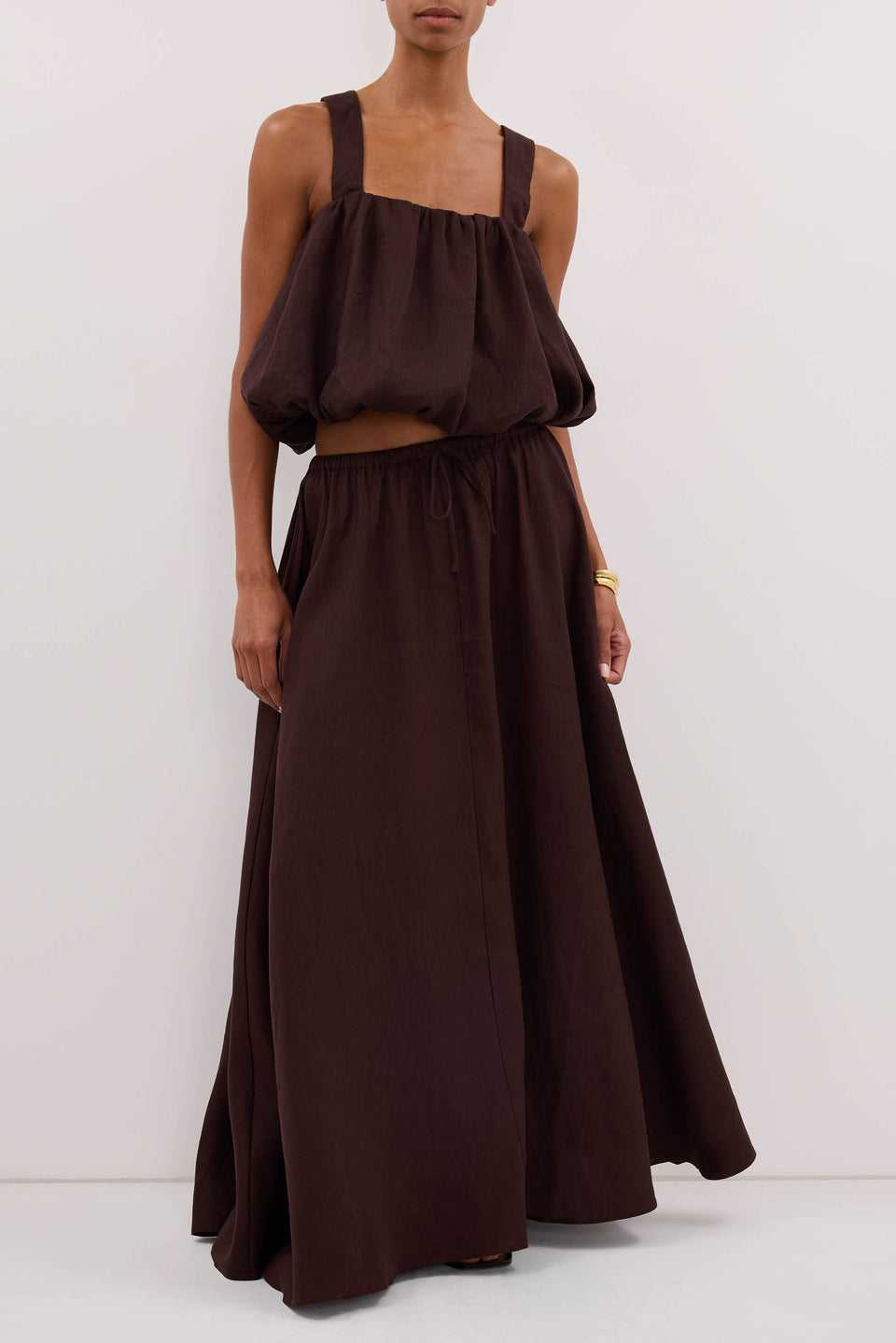 RAVELLO BURNT CHOC LINEN MIDI SKIRT