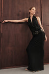 FELICITY BLACK SLEEVELESS HALTER MIDI DRESS