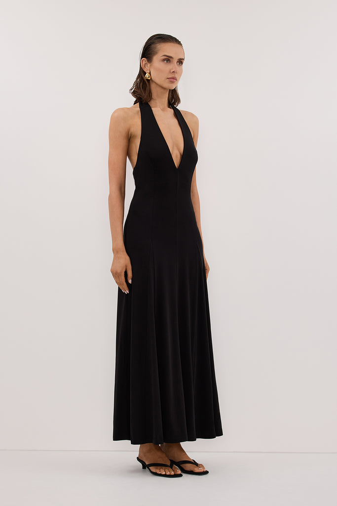 LYNN BLACK HALTER MIDI DRESS