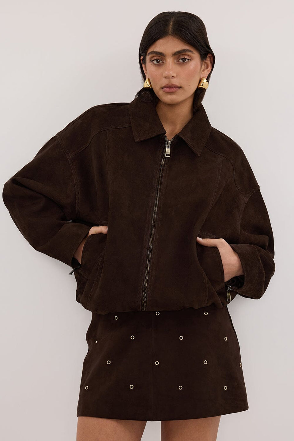 DENVER BITTER CHOC SUEDE LEATHER BOMBER JACKET Clothing DISSH Boutiques