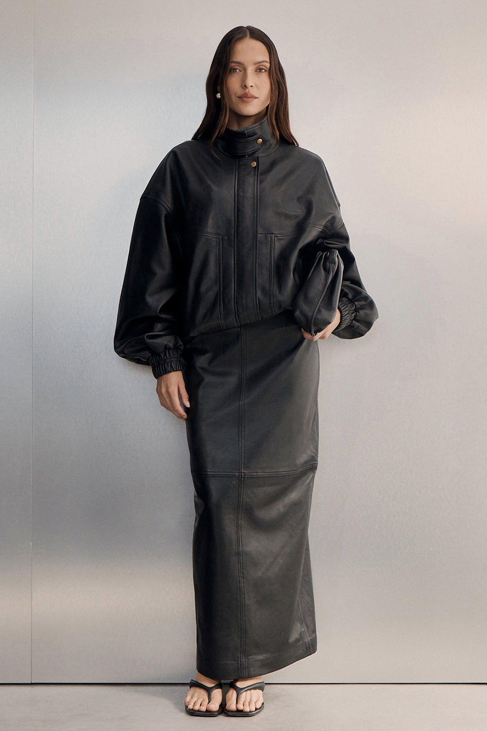 COOPER BLACK LEATHER MIDI SKIRT