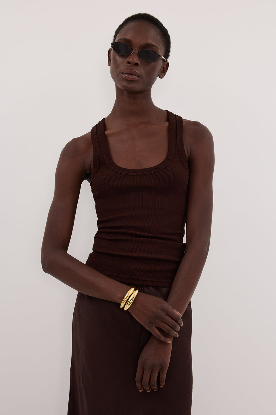 CLARA BURNT CHOC SLEEVELESS SCOOP NECK TANK TOP Clothing DISSH Boutiques