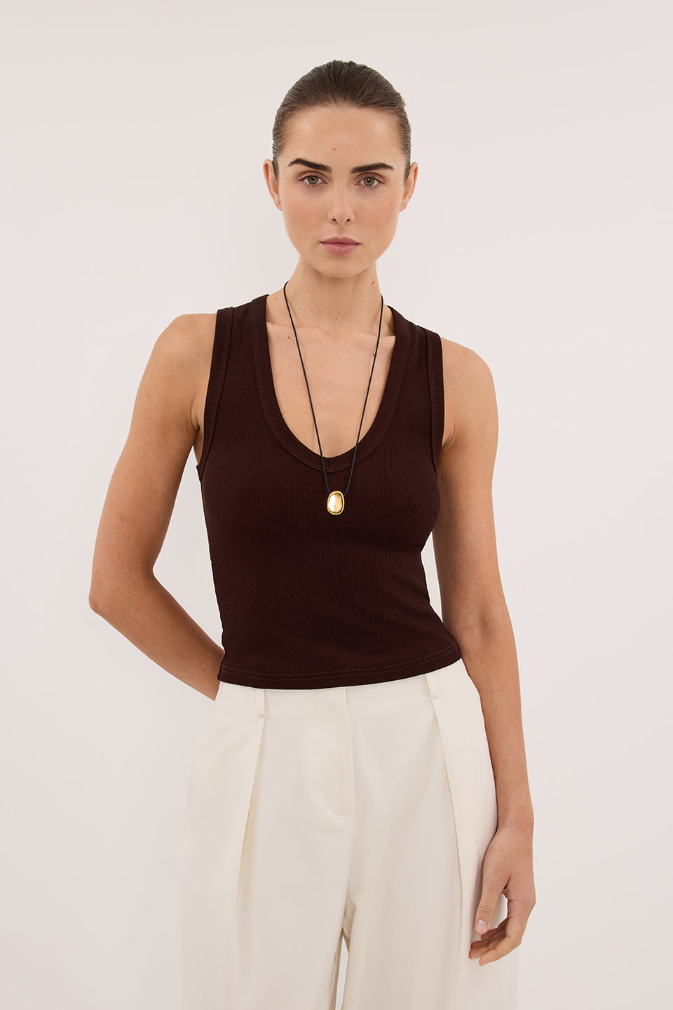 YASMIN BURNT CHOC SLEEVELESS KNIT TANK Clothing DISSH Boutiques