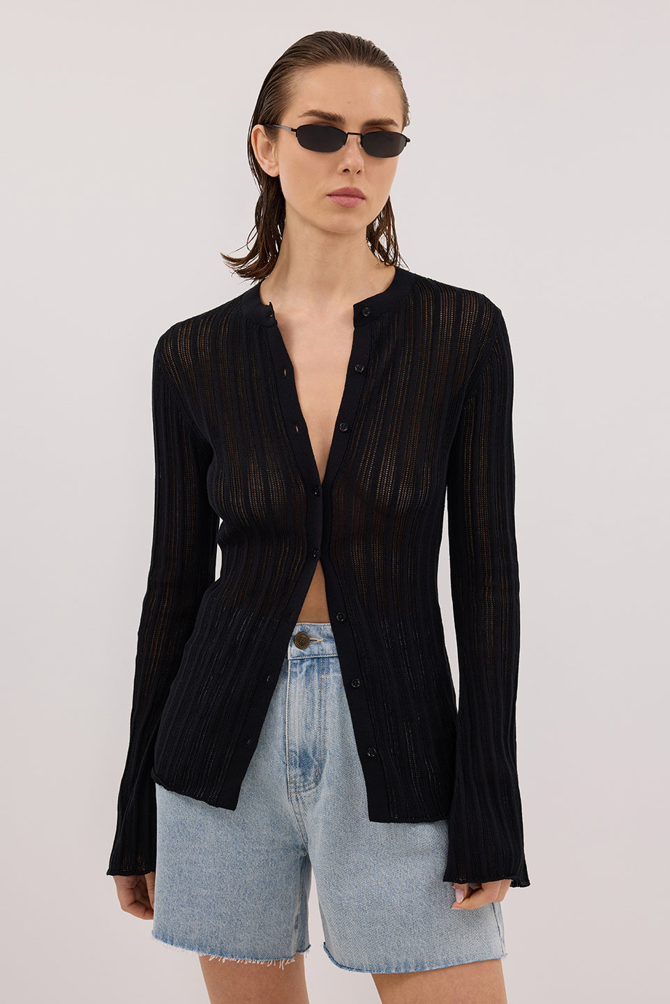 BOWIE BLACK BUTTON THROUGH KNIT TOP Clothing DISSH Boutiques