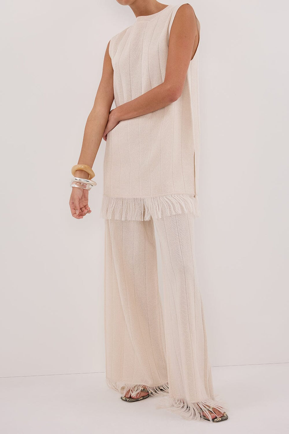 ARIA CREAM FRINGED KNIT PANT Clothing DISSH Boutiques