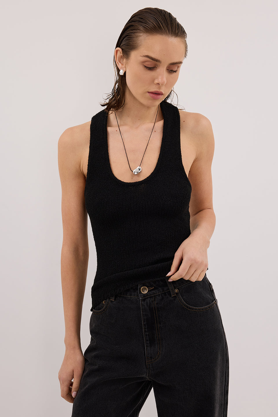 ASPEN BLACK SLEEVELESS RACER KNIT TOP Clothing DISSH Boutiques
