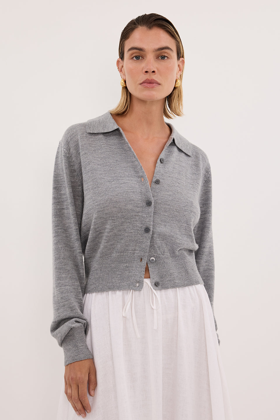 KYRA SILVER LONG SLEEVE MERINO WOOL CARDIGAN Clothing DISSH Boutiques