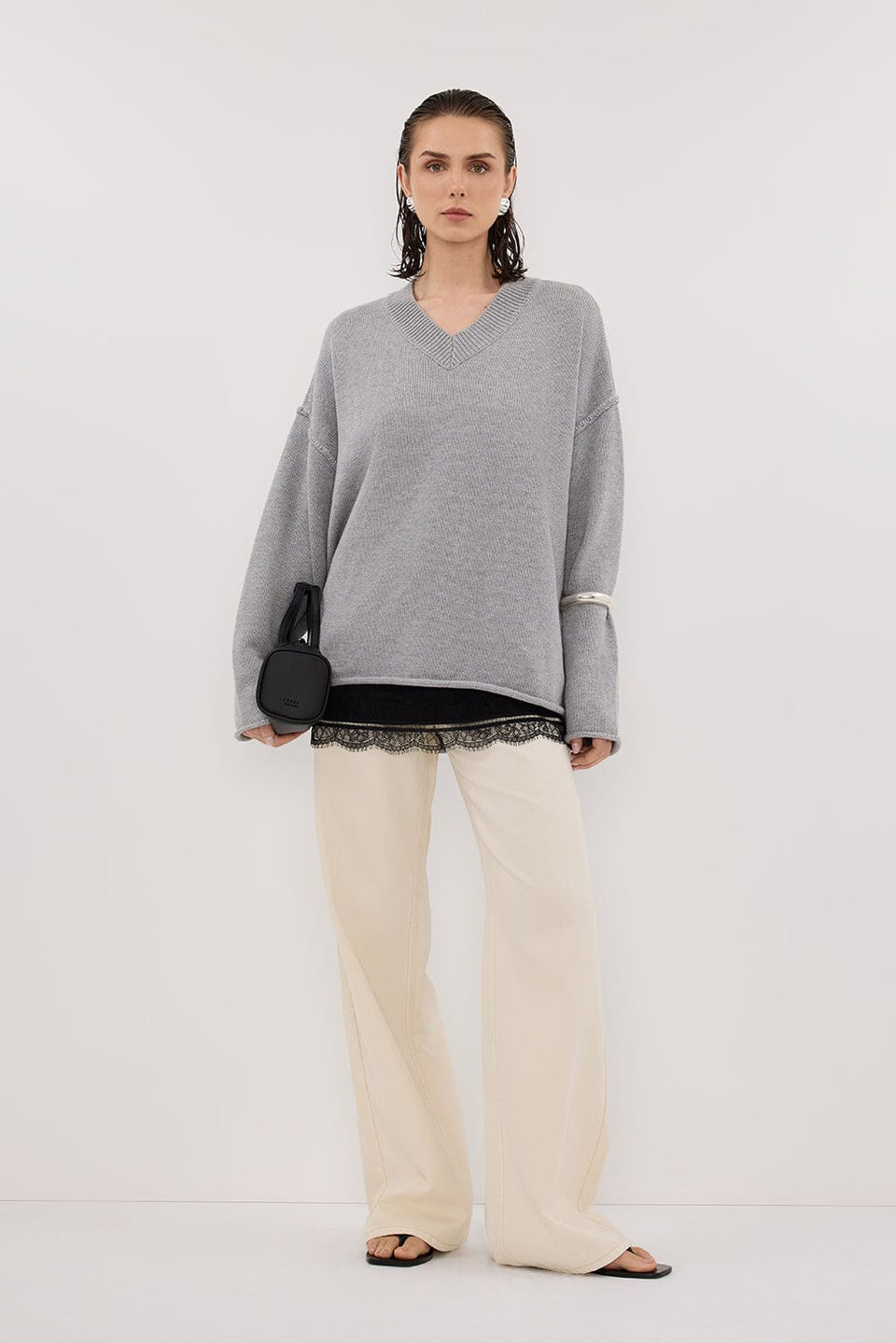 FLINT SILVER V NECK KNIT JUMPER Clothing DISSH Boutiques XS SILVER MARLE